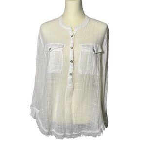 Free People Talk To Me Button Front Popover White Sheer Gauzy Top Women's Size S